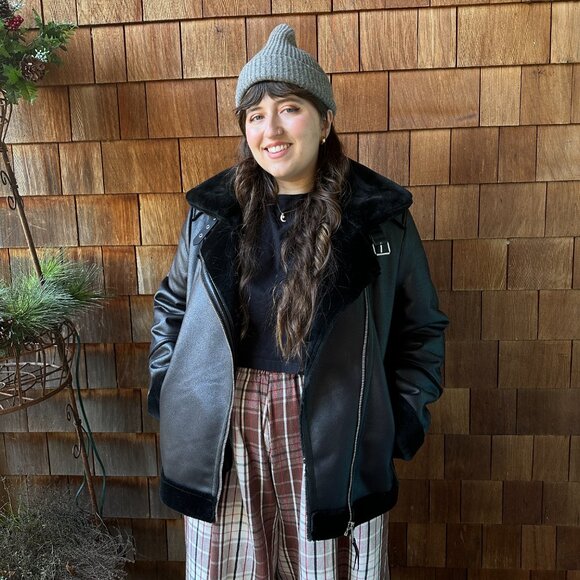 NWT Max Studio London Faux Shearling Faux Leather Zip Front in Women's Large - Picture 5 of 13